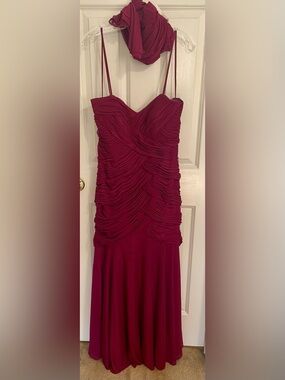 Infantino Strapless Ruched Gown in Burgundy Red